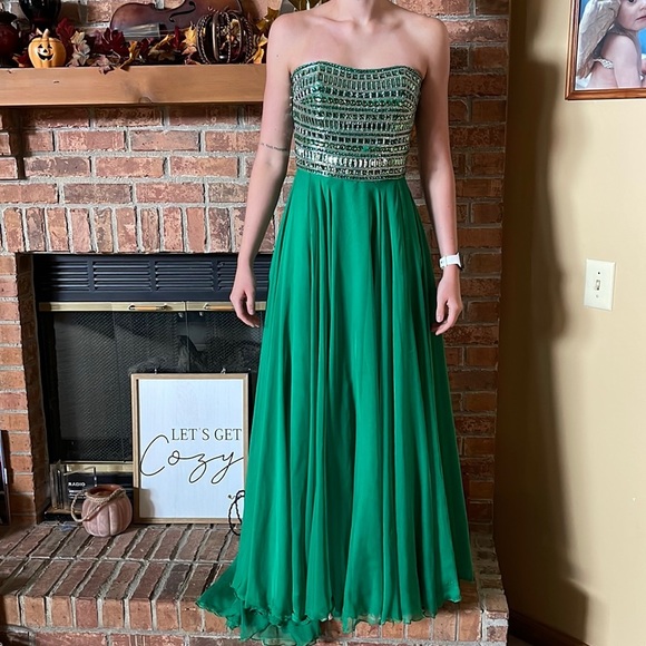 Sherri Hill Emerald Jeweled Long Strapless Dress - Picture 1 of 7